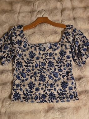 Cotton Club Cream Puff-Sleeve Blouse with Blue Floral Print